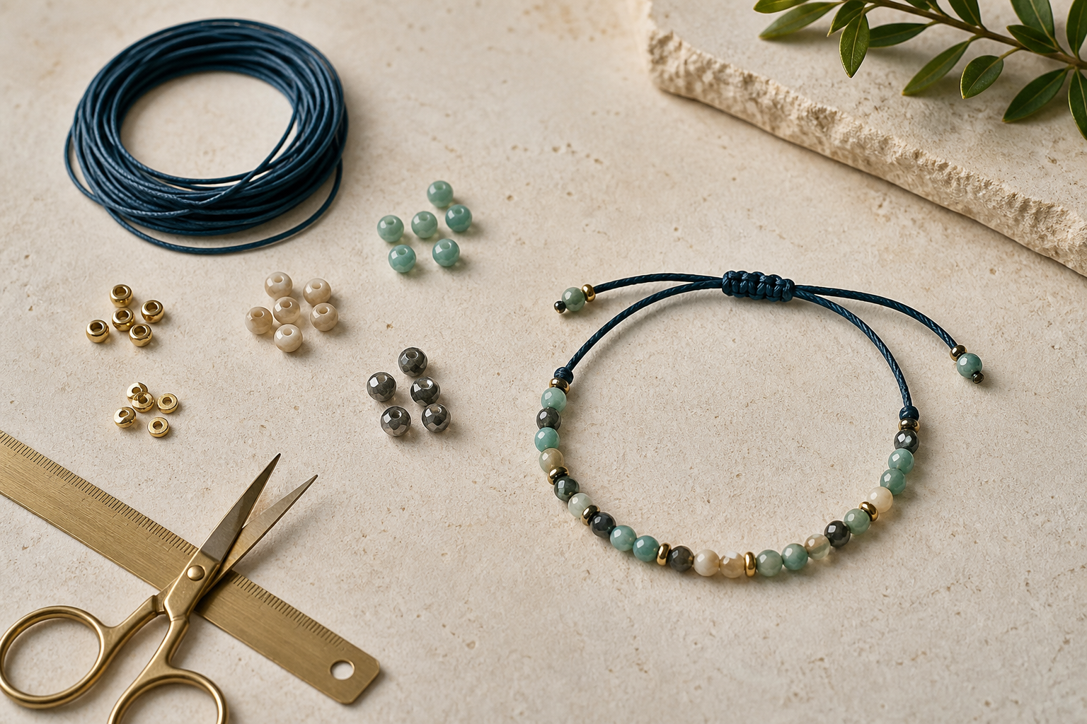 Bracelet réglable en cordon bleu et pierres naturelles avec nœuds coulissants
