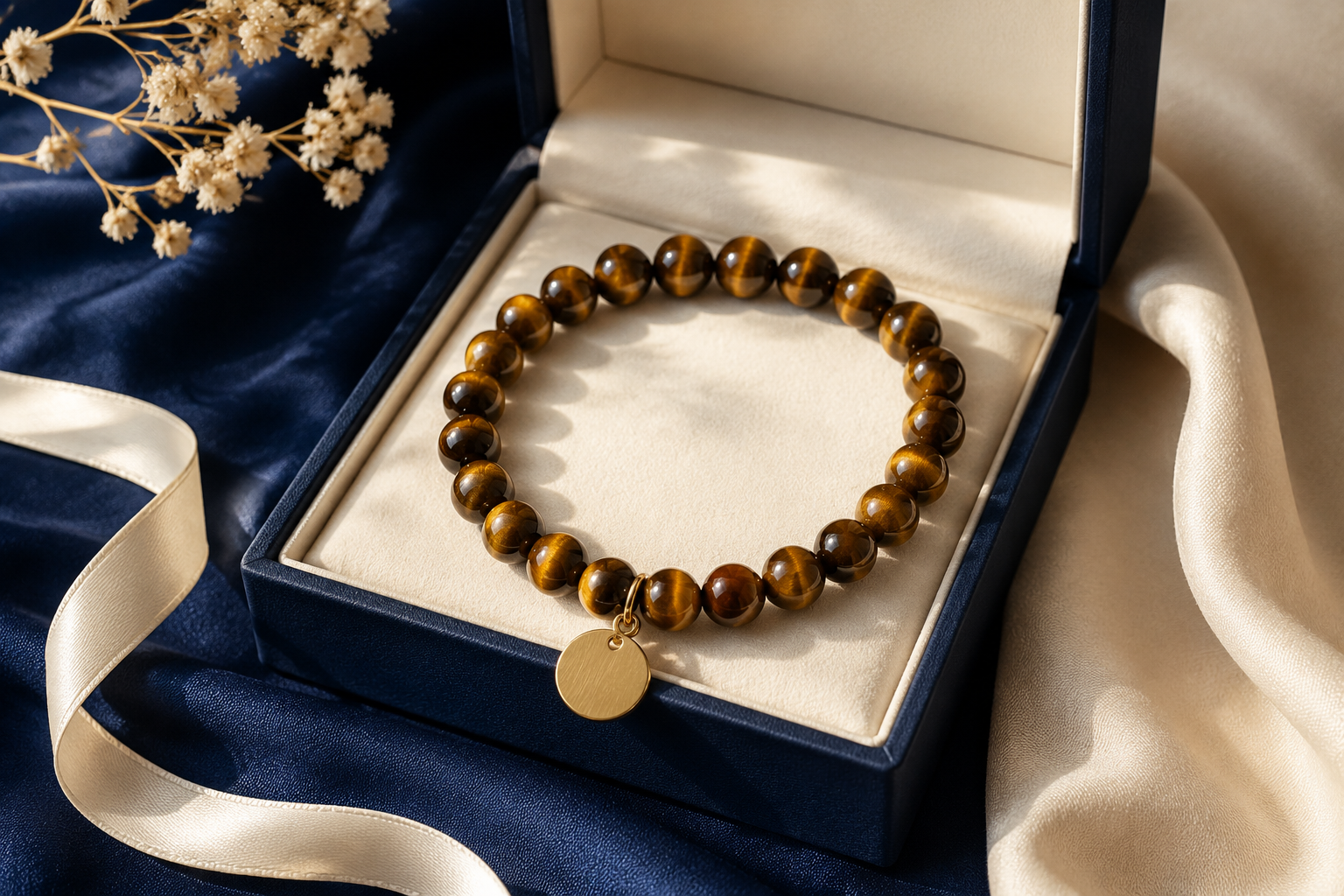 Bracelet œil de tigre personnalisé avec médaillon vierge dans un coffret cadeau