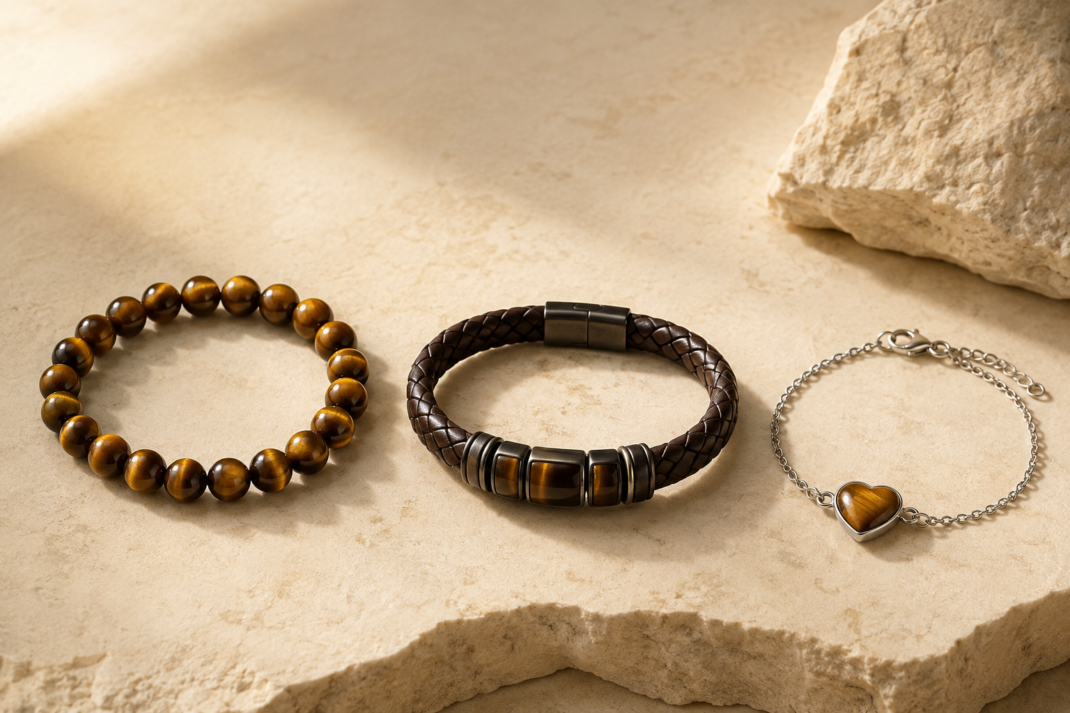 Bracelets œil de tigre élastique, en cuir et monté sur métal
