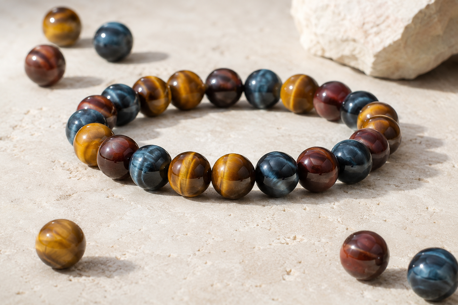 Bracelet trois pierres en œil de tigre, œil de faucon et œil de taureau