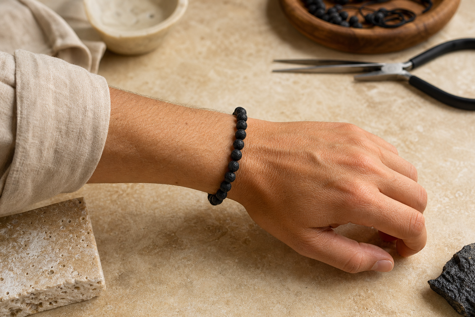 Bracelet fini en perles de lave porté au poignet sur un établi de bijoutier