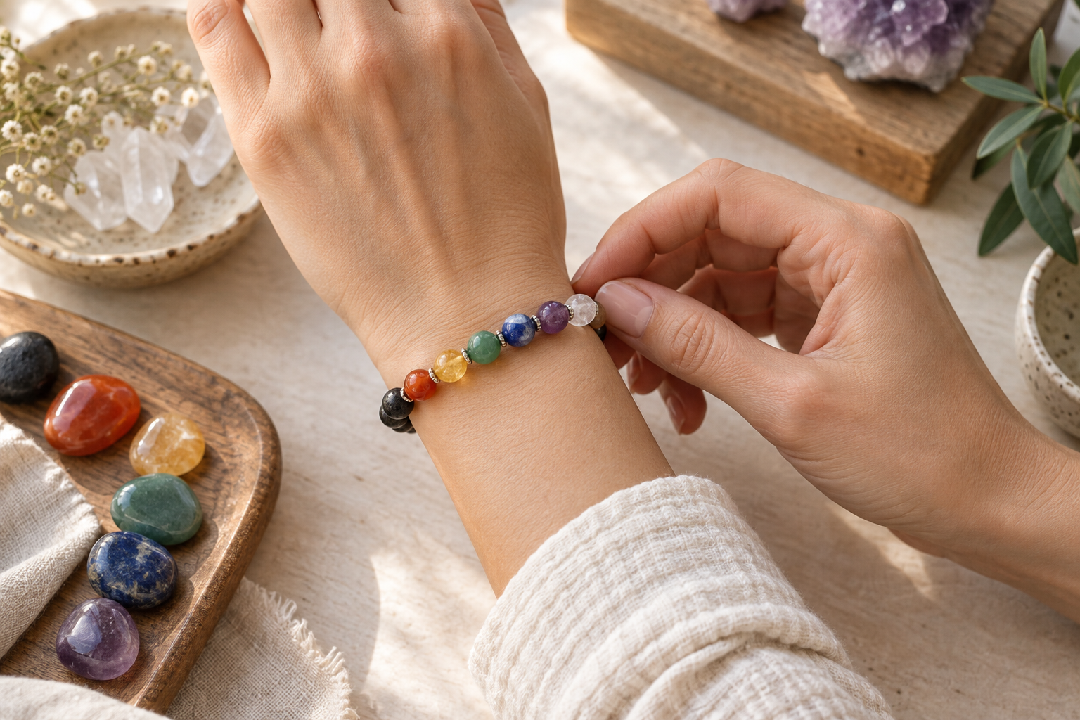 Bracelet artisanal composé de sept couleurs de pierres naturelles porté au poignet