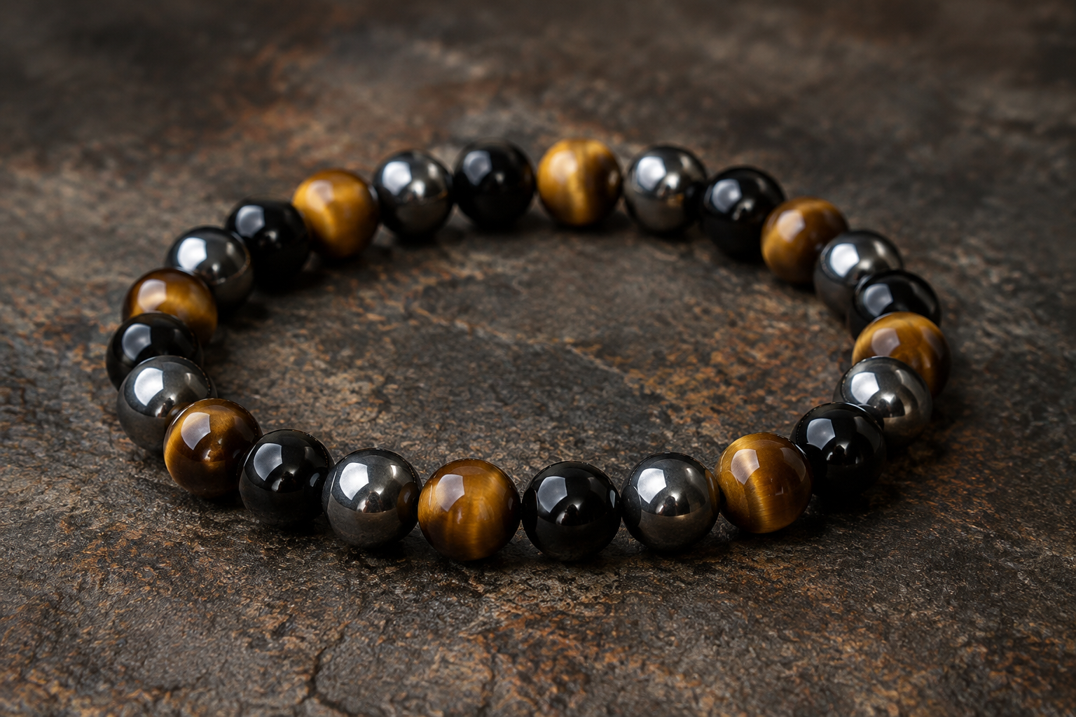 Bracelet triple protection en œil de tigre, hématite et obsidienne noire