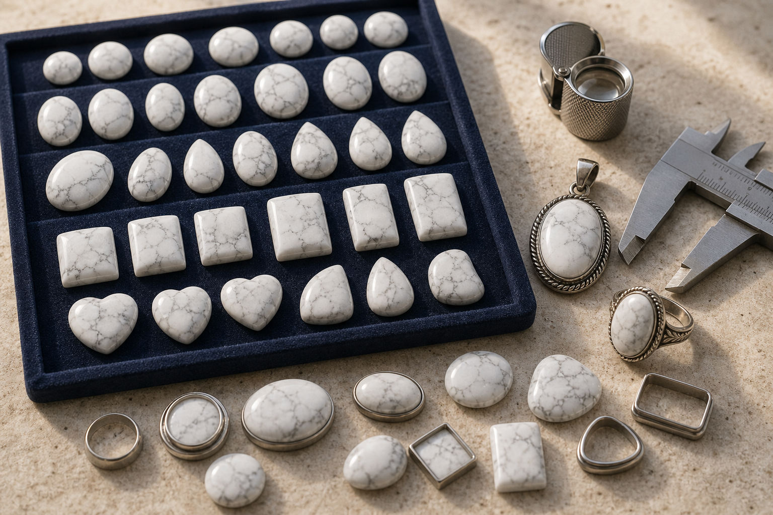 Sélection de cabochons en howlite blanche dans un atelier de bijouterie