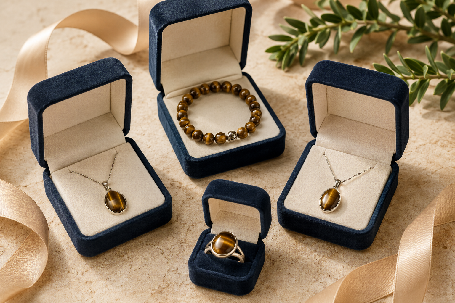 Sélection de bijoux en œil de tigre présentés dans des écrins cadeaux