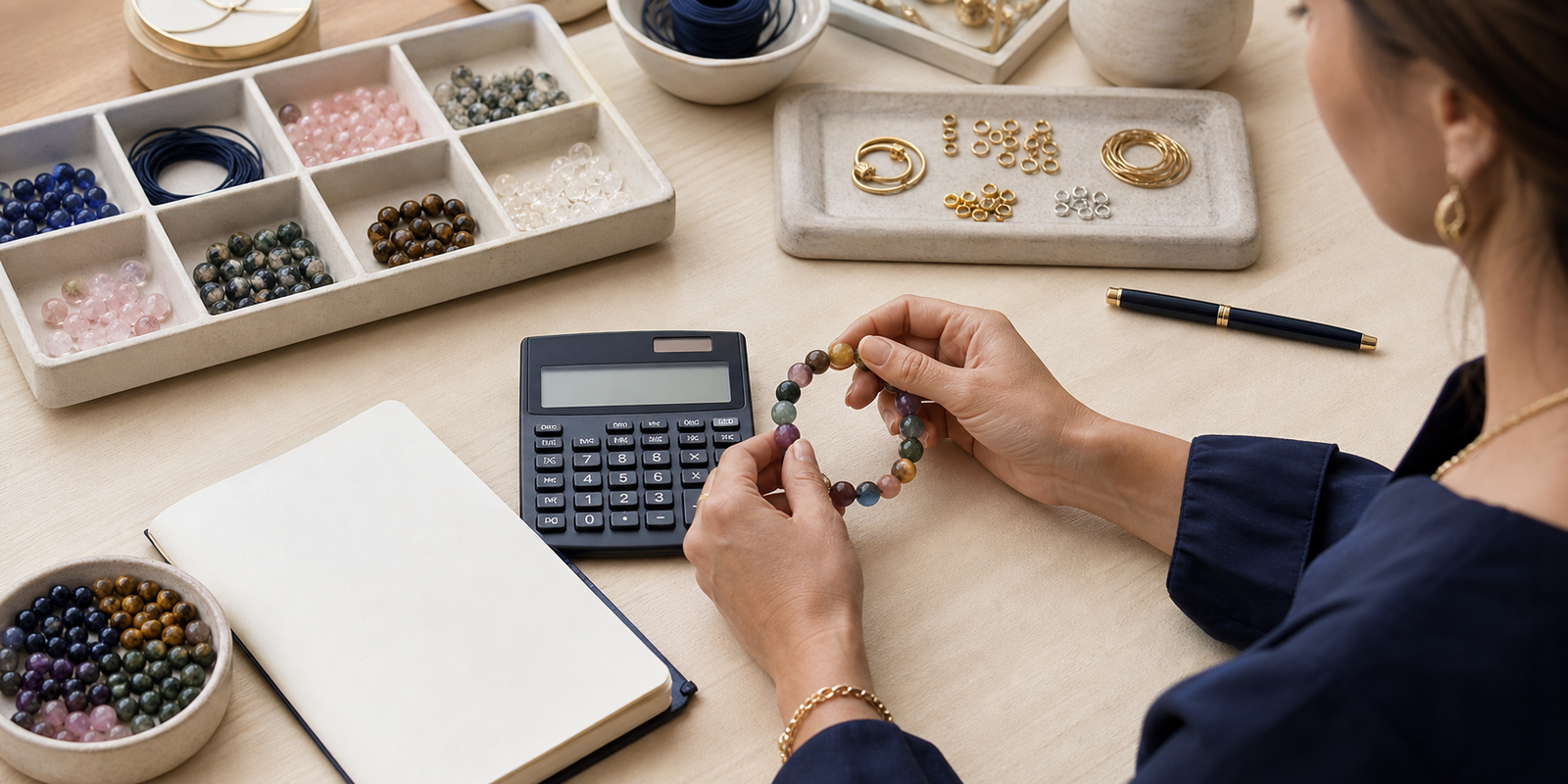 Créatrice calculant le prix de revient d’un bracelet en perles naturelles