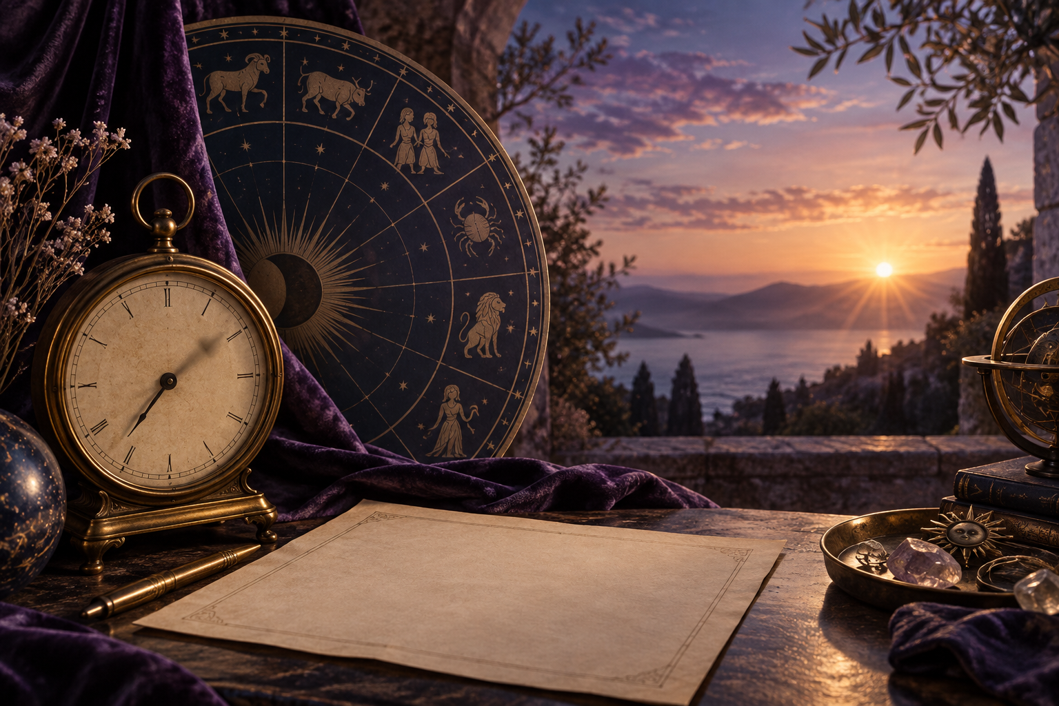Carte zodiacale, horloge incertaine et horizon oriental symbolisant une heure de naissance inconnue