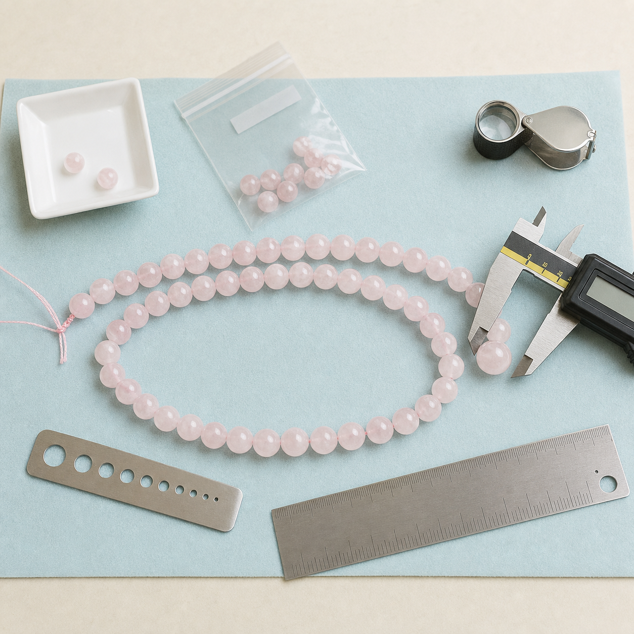 Atelier de contrôle d’un fil de perles en quartz rose avec pied à coulisse et loupe