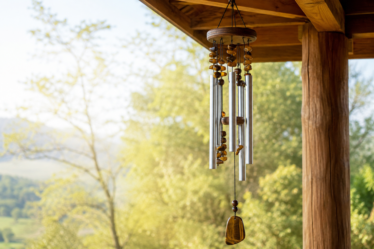 Carillon décoré d’œil de tigre sous une véranda abritée