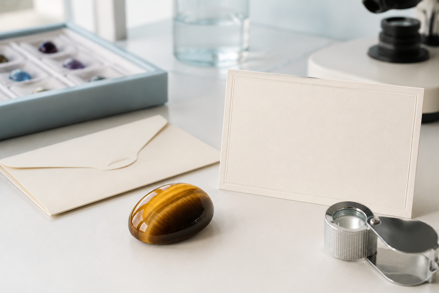 Certificat d’authenticité vierge à côté d’un cabochon en œil de tigre