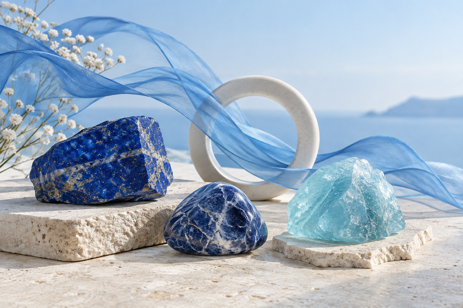Lapis-lazuli, sodalite et aigue-marine avec un ruban bleu évoquant le souffle et le son