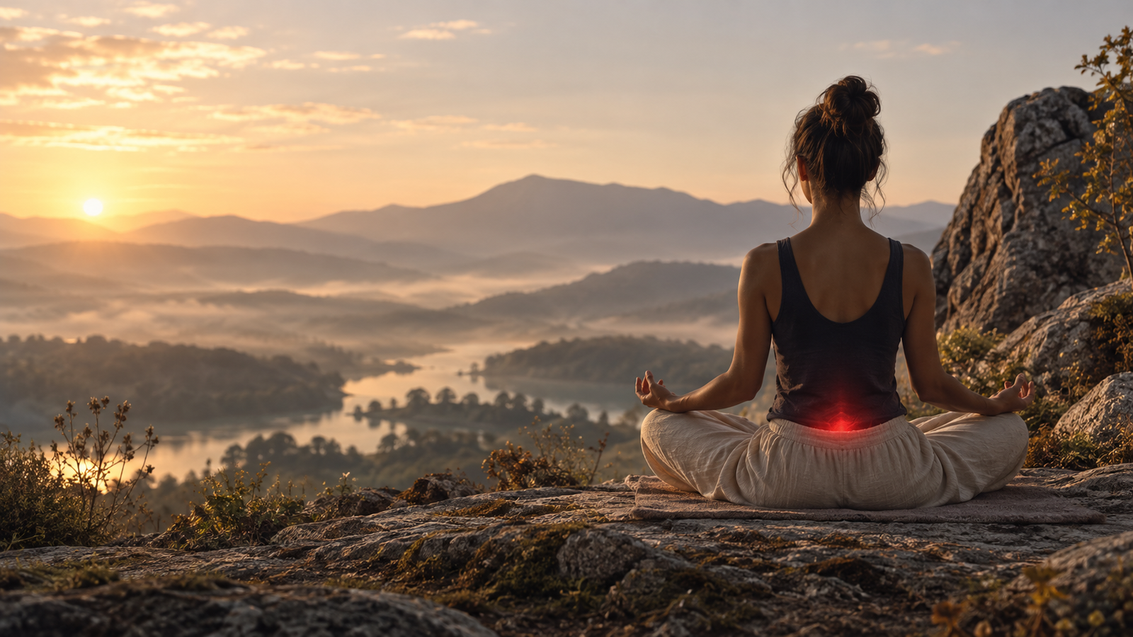 Personne méditant au lever du soleil avec un point rouge symbolique à la base du corps