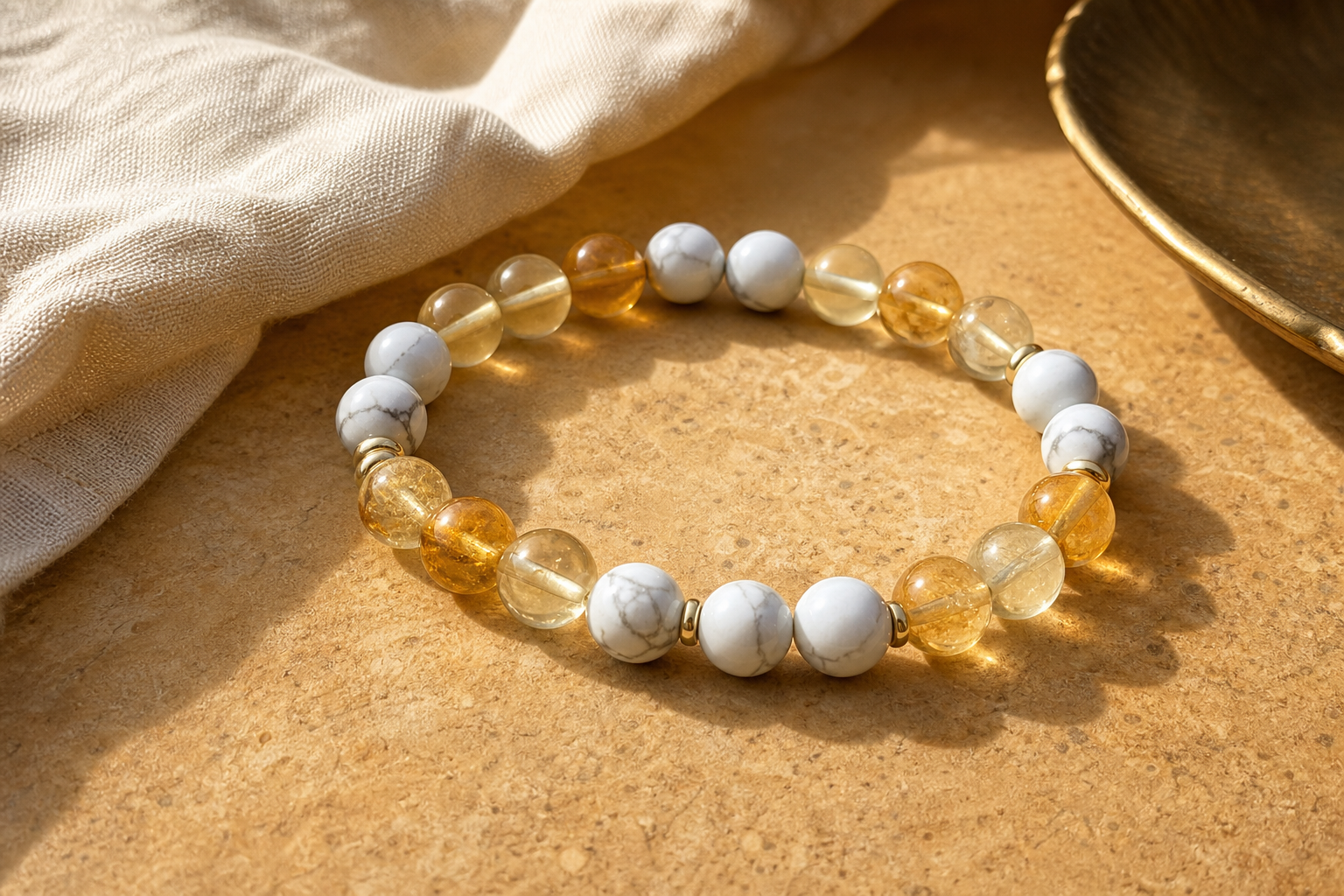 Bracelet lumineux associant citrine jaune et howlite blanche veinée