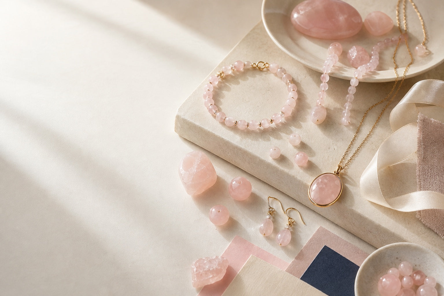 Collection cohérente de bijoux en quartz rose