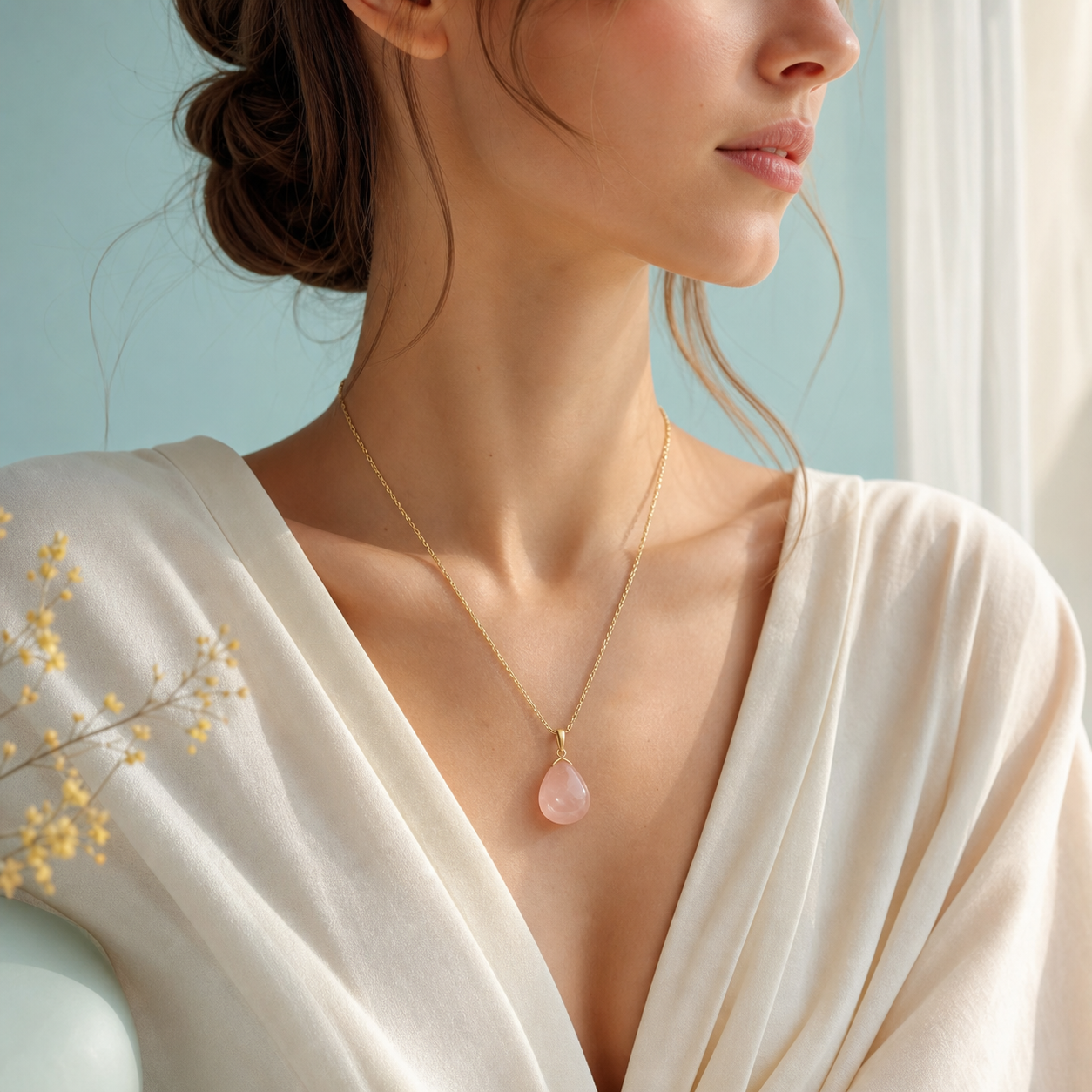 Femme portant un collier à pendentif en quartz rose