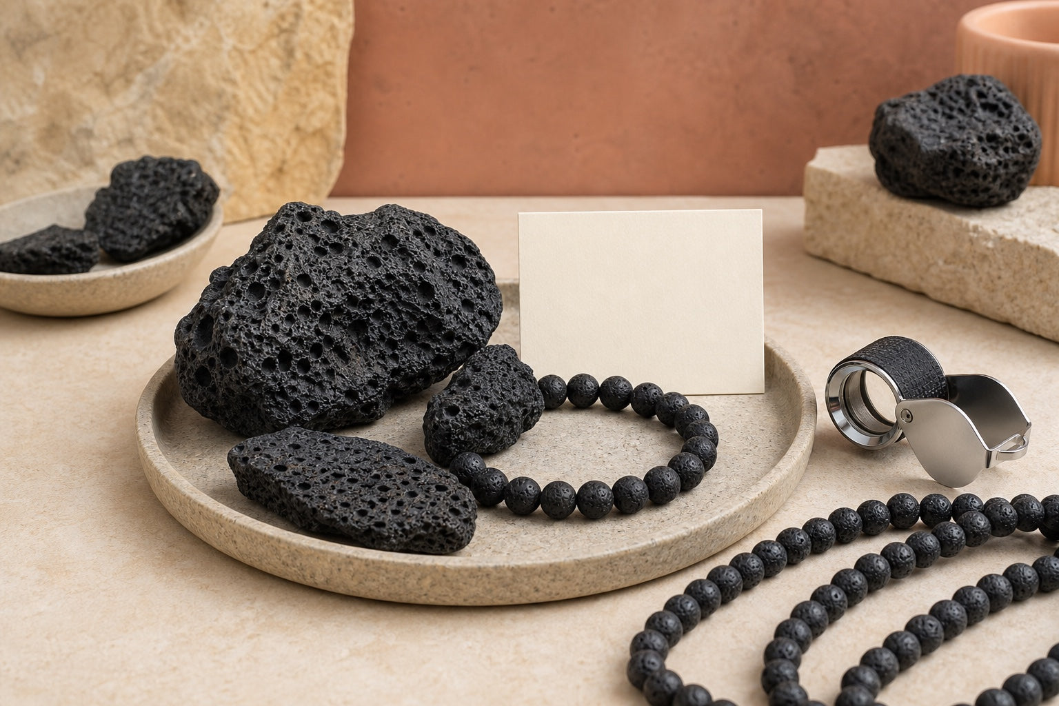 Pierre de lave naturelle, perles et loupe d’identification