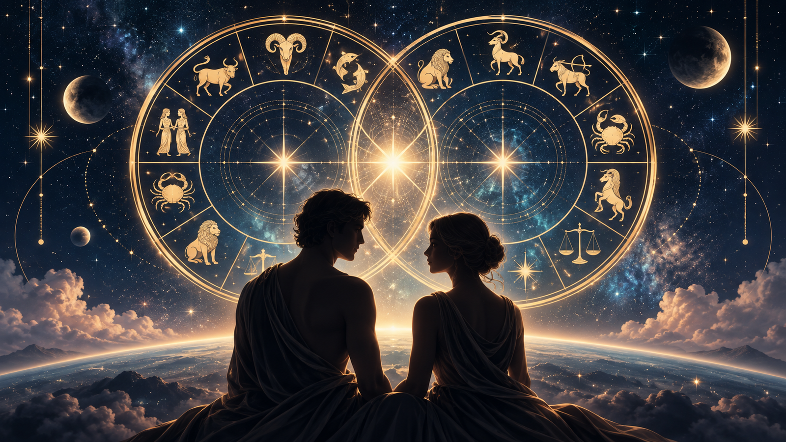 Deux roues zodiacales reliées pour illustrer la compatibilité astrologique