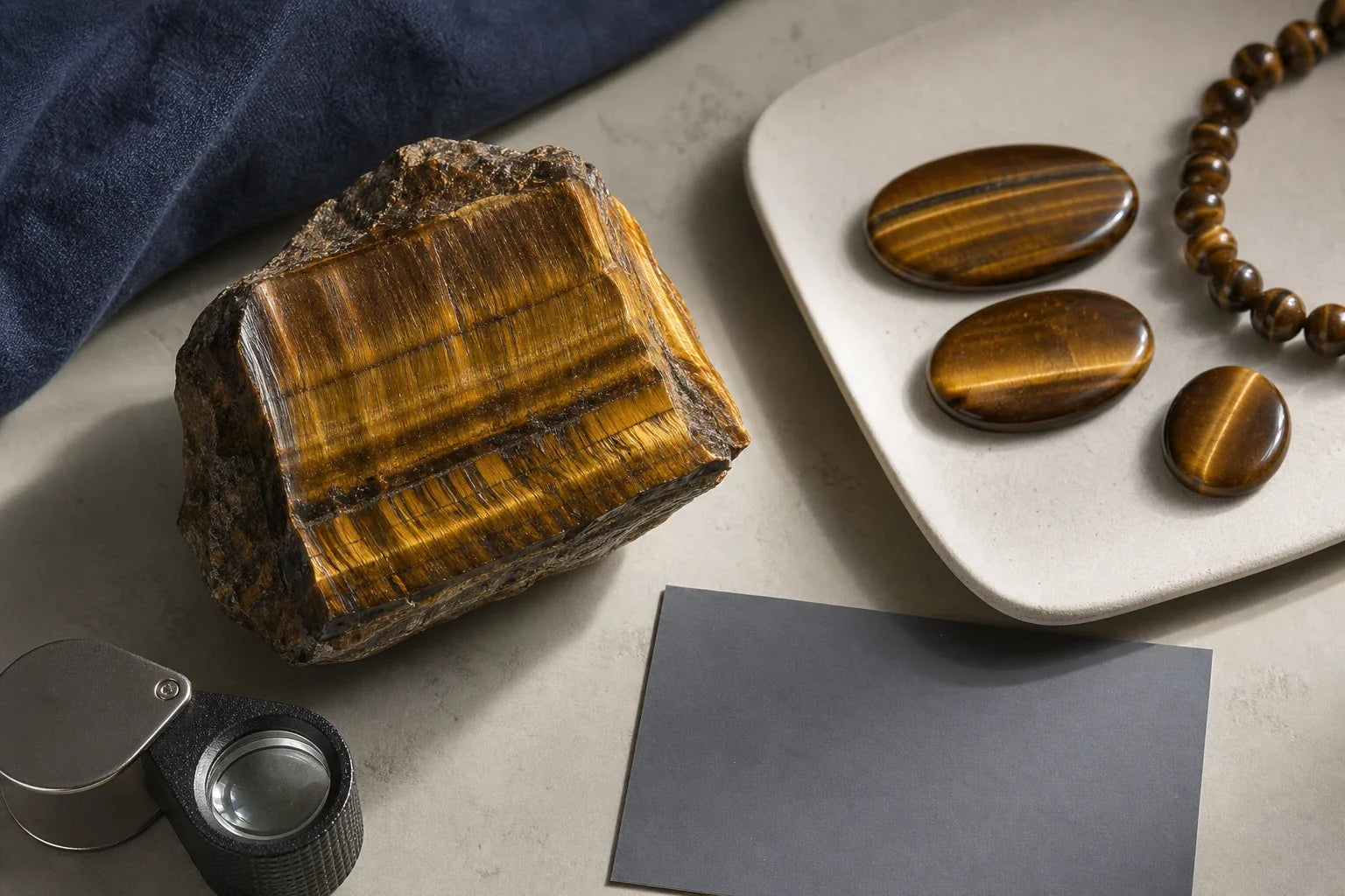 Œil de tigre brut, cabochons et perles montrant leurs bandes chatoyantes