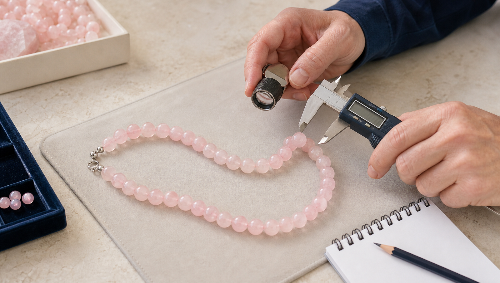 Contrôle qualité professionnel d’un fil de perles en quartz rose