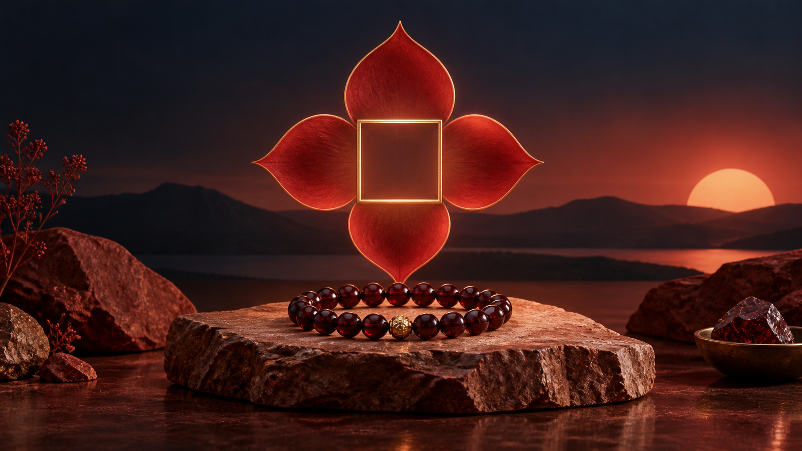 Lotus rouge à quatre pétales, carré et bracelet illustrant le chakra racine