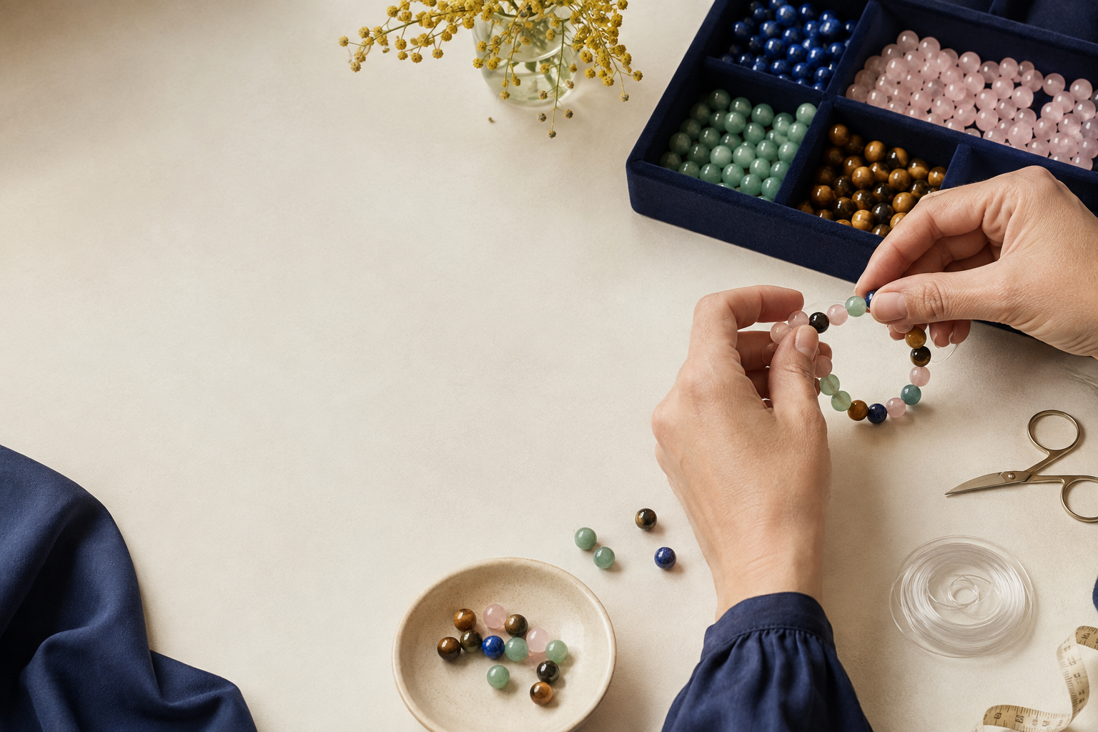 Création d’un bracelet en pierres naturelles sur fil élastique dans un atelier de bijouterie