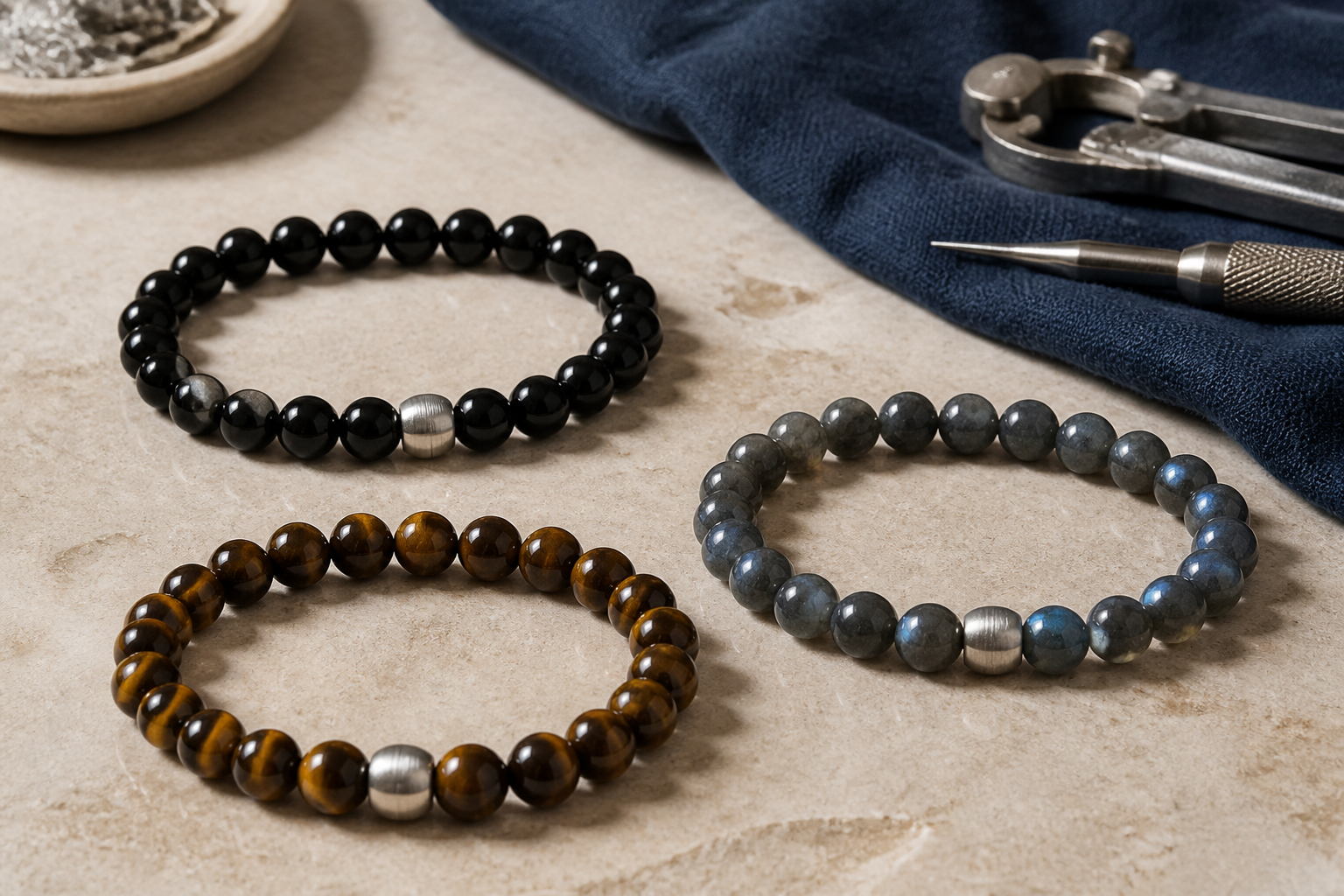 Trois bracelets pour homme en obsidienne, œil de tigre et labradorite