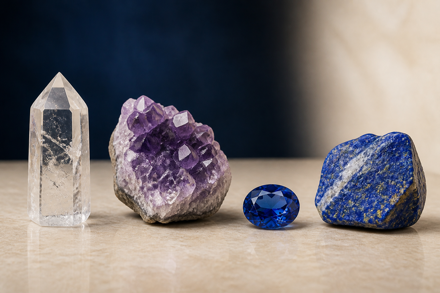 Cristal de quartz, druse d’améthyste, gemme facettée bleue et roche de lapis-lazuli