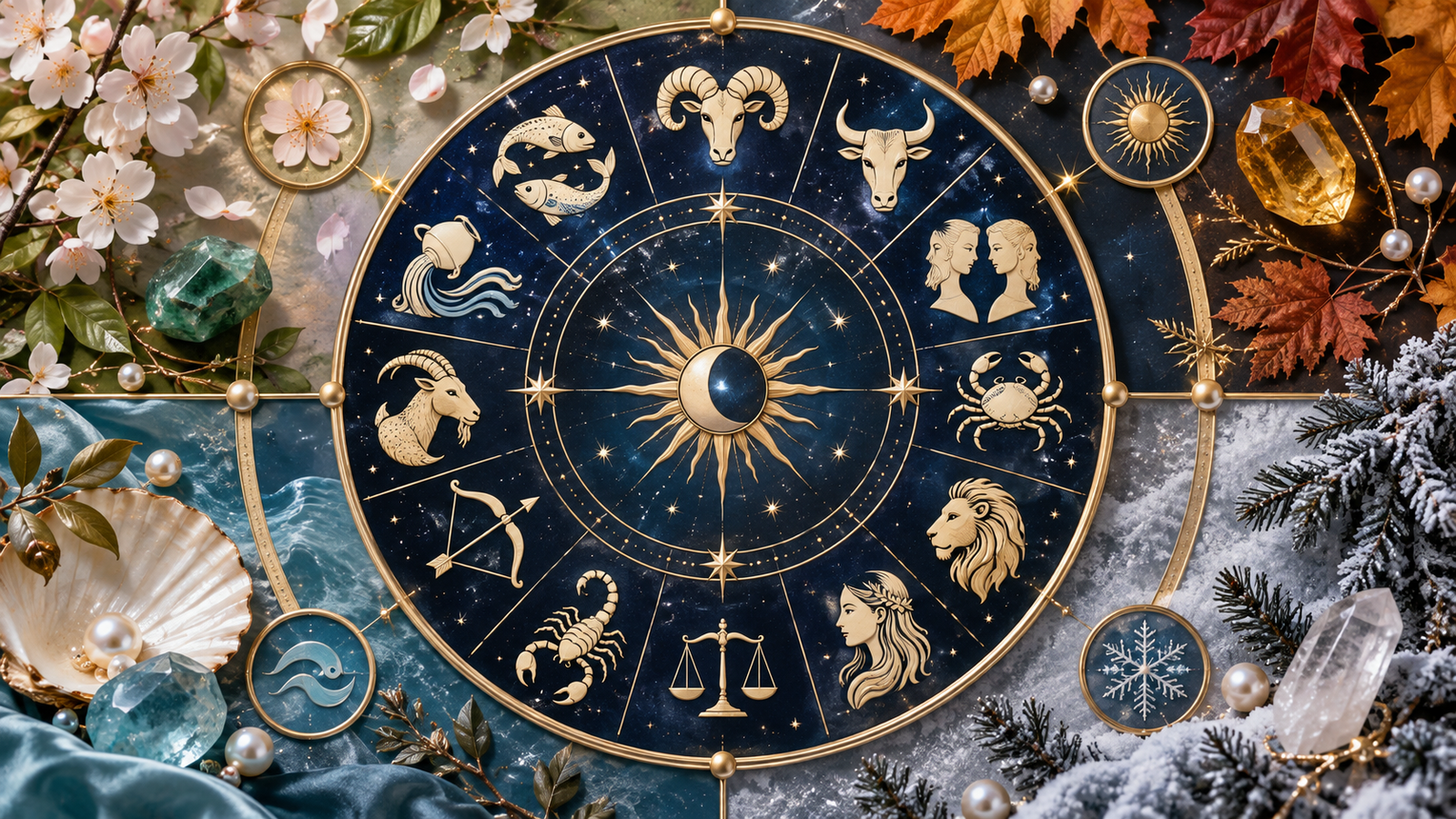 Calendrier zodiacal des douze signes à travers les quatre saisons