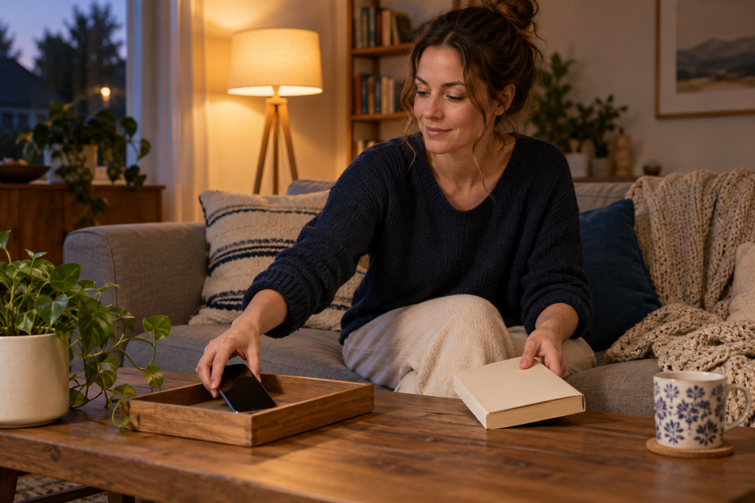 Personne déposant son téléphone dans un plateau pour commencer une soirée sans écran