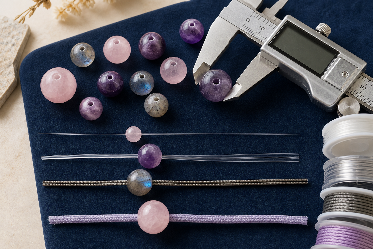 Perles et fils de différents diamètres pour choisir un enfilage compatible