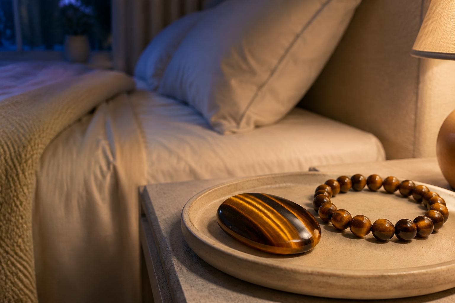 Œil de tigre et bracelet posés sur une coupelle près du lit