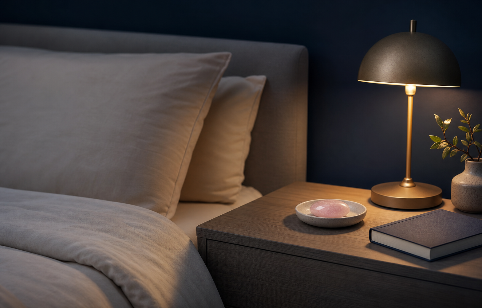 Quartz rose dans une coupelle sur une table de nuit près d’un lit