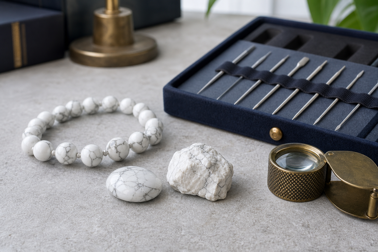 Howlite blanche, bracelet et outils gemmologiques pour étudier sa dureté