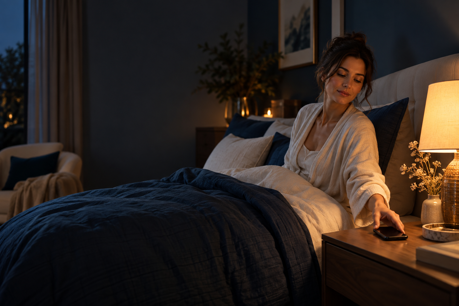 Personne posant son téléphone avant de dormir dans une chambre faiblement éclairée