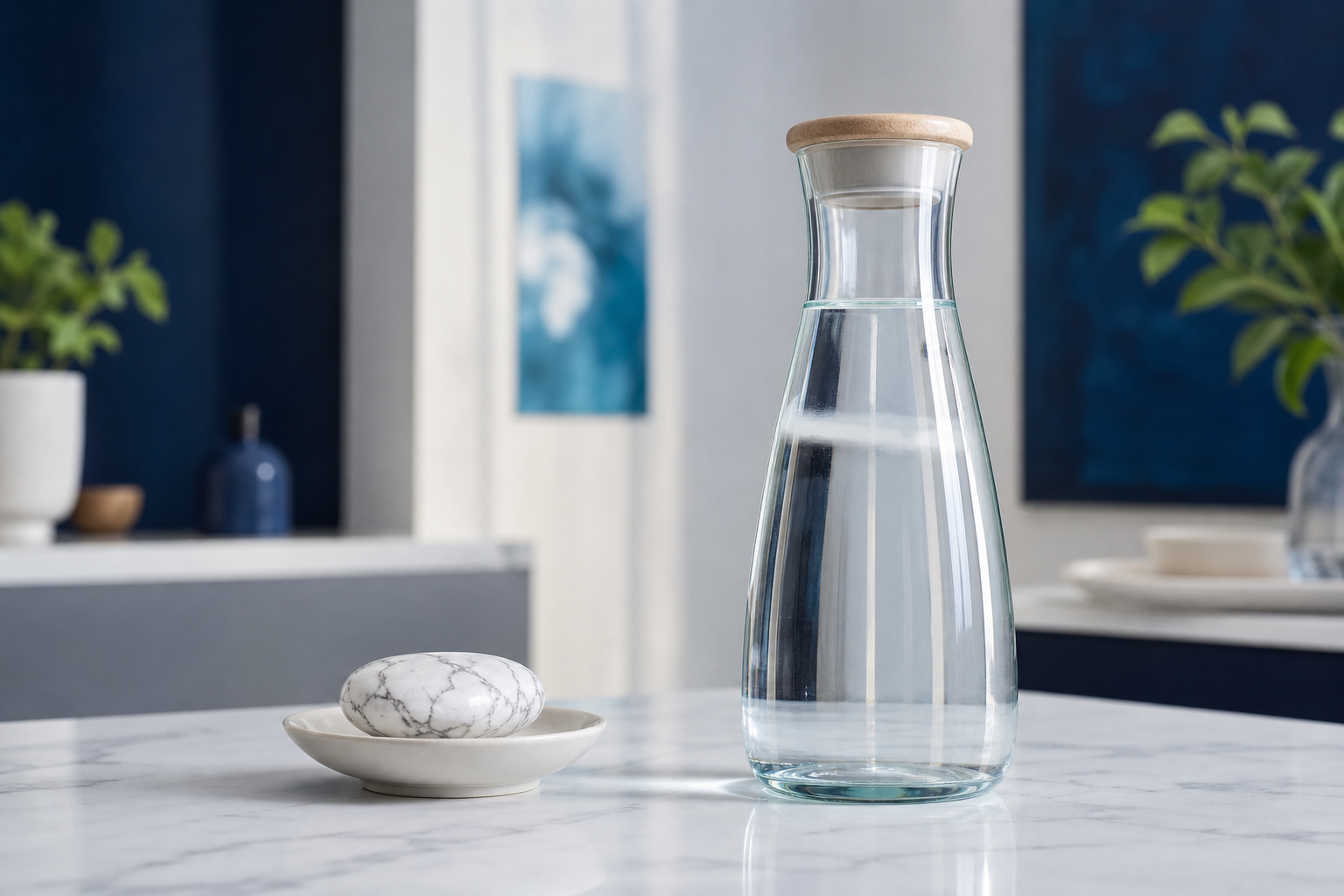 Carafe d’eau potable et howlite séparées, sans contact direct
