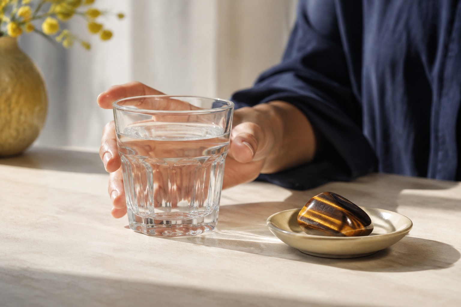 Verre d’eau potable et pierre œil de tigre maintenue à l’extérieur du récipient