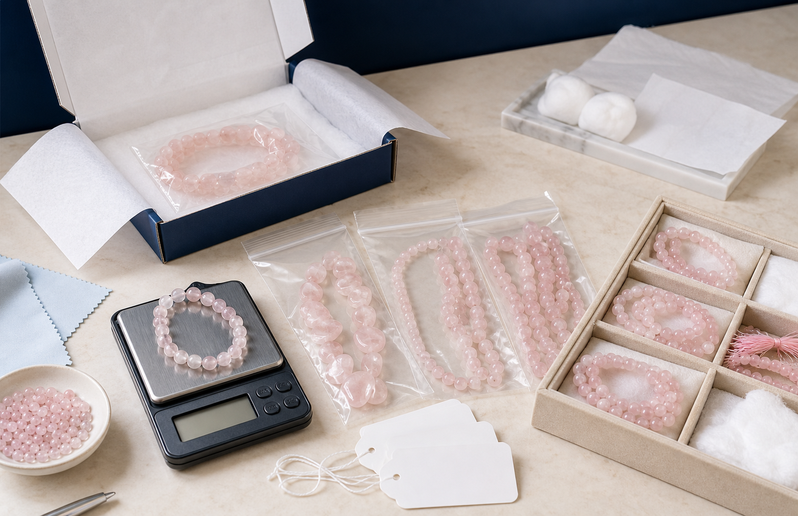 Poste professionnel de conditionnement de perles en quartz rose