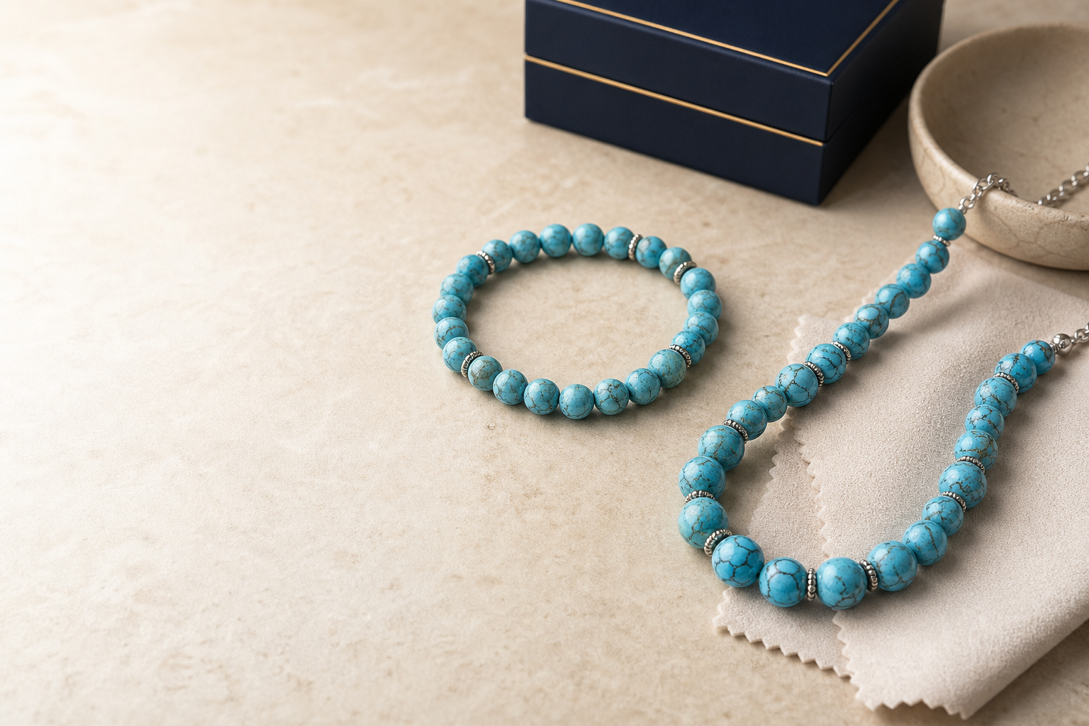 Bijoux en howlite teintée bleue préparés pour un entretien doux