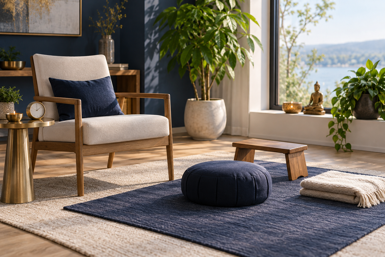 Espace de méditation lumineux avec chaise, coussin, banc et plaid
