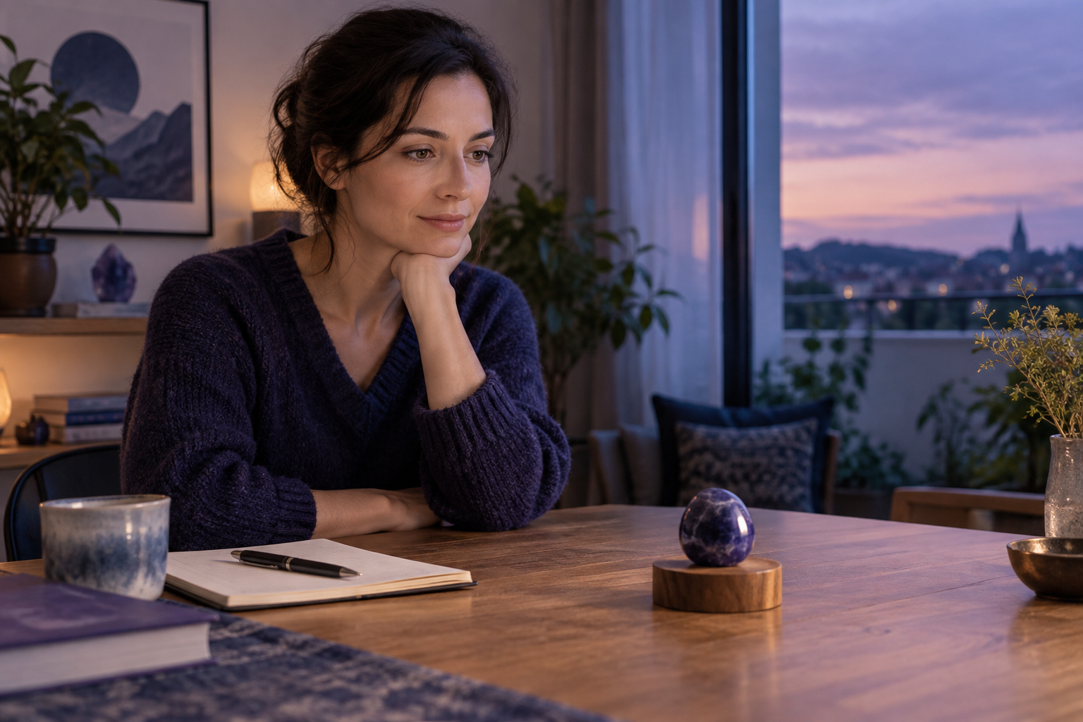 Femme concentrée sur une pierre indigo posée sur une table dans une pièce calme au crépuscule