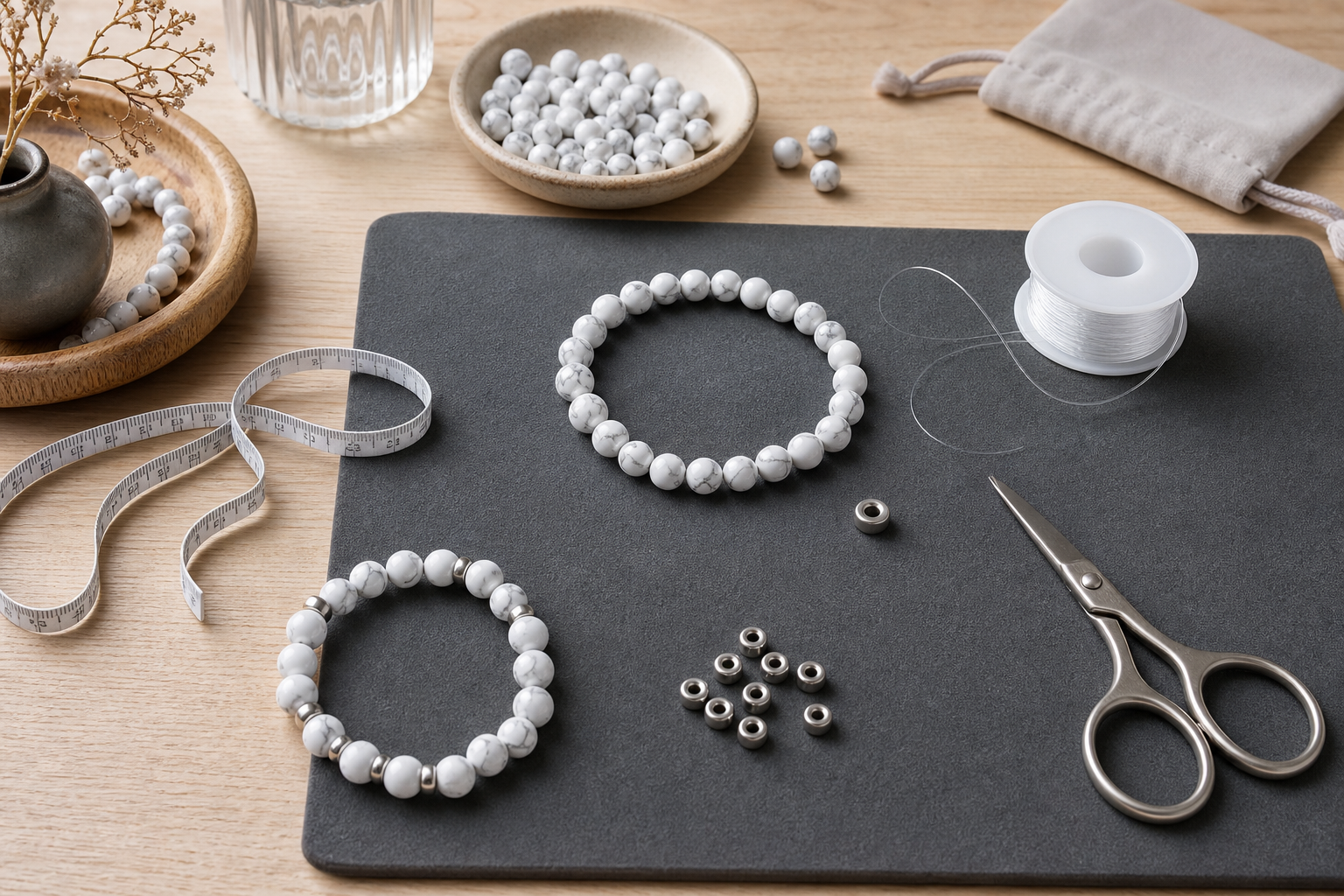 Atelier complet pour fabriquer un bracelet en perles de howlite naturelle