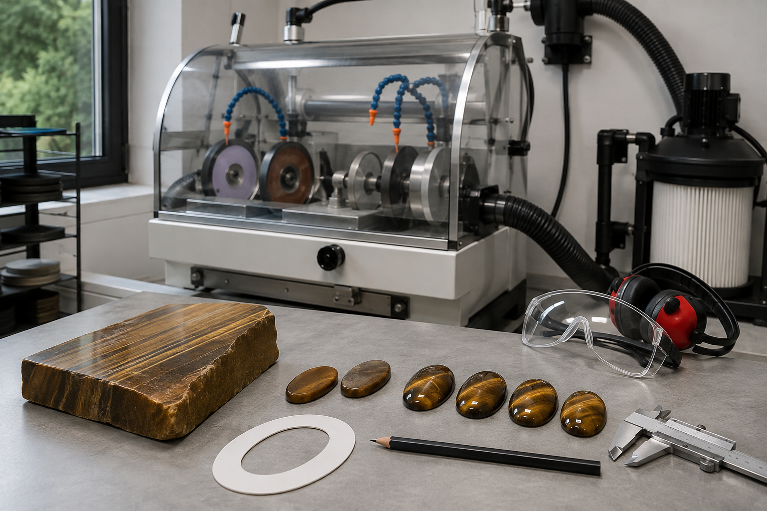 Atelier lapidaire sécurisé avec préformes et cabochons en œil de tigre