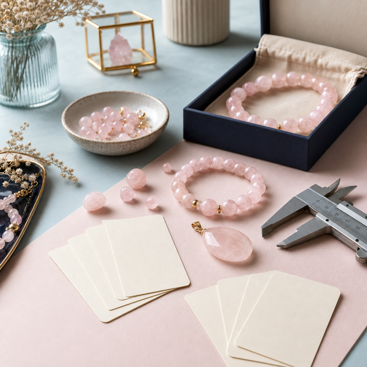FAQ quartz rose pour boutiques et créateurs avec bijoux, perles et outils de contrôle