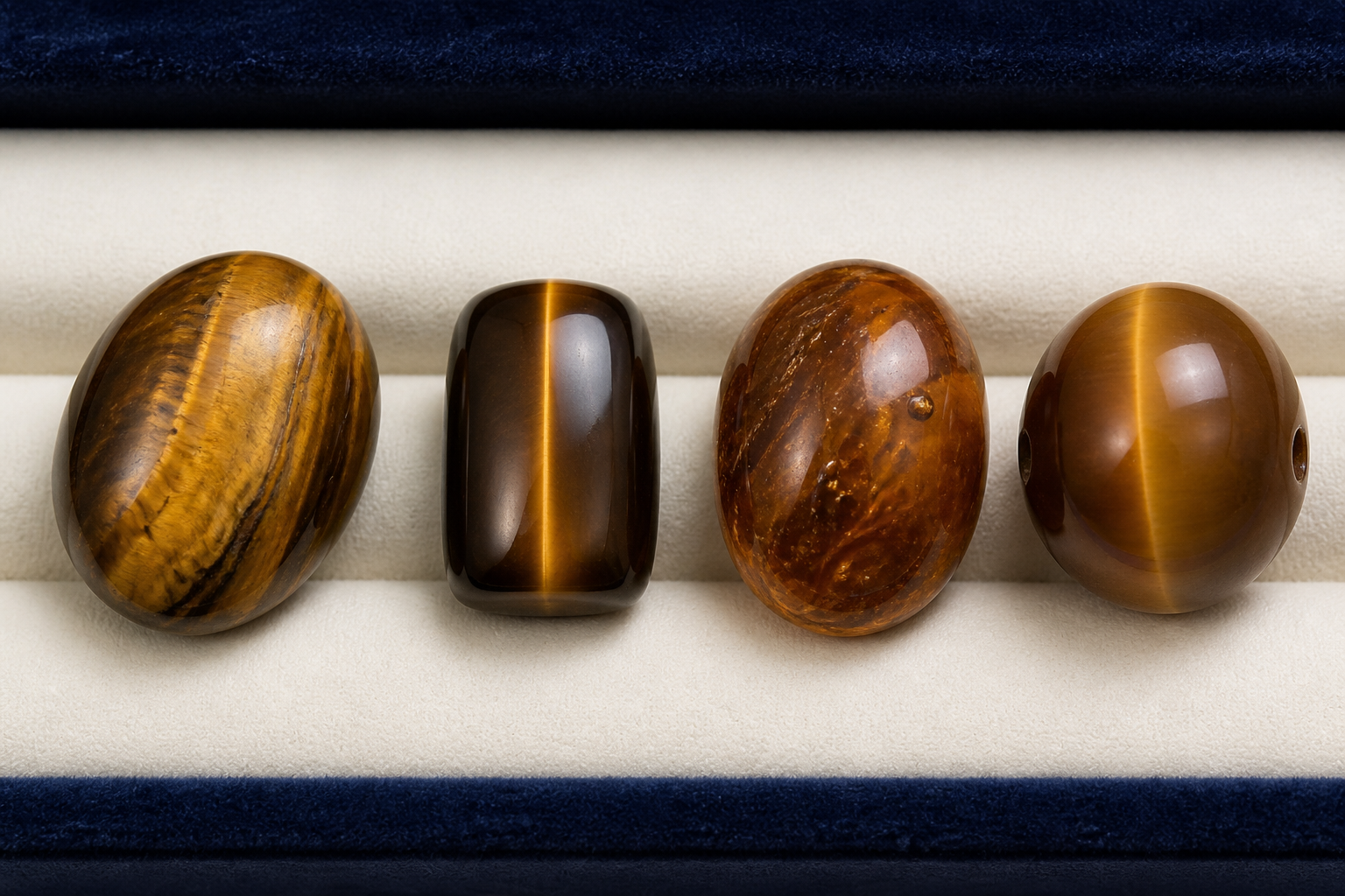 Œil de tigre naturel et imitations en verre, résine et plastique