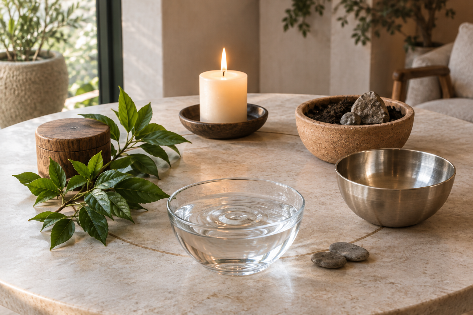 Bois, feu, terre, métal et eau réunis dans une composition Feng Shui