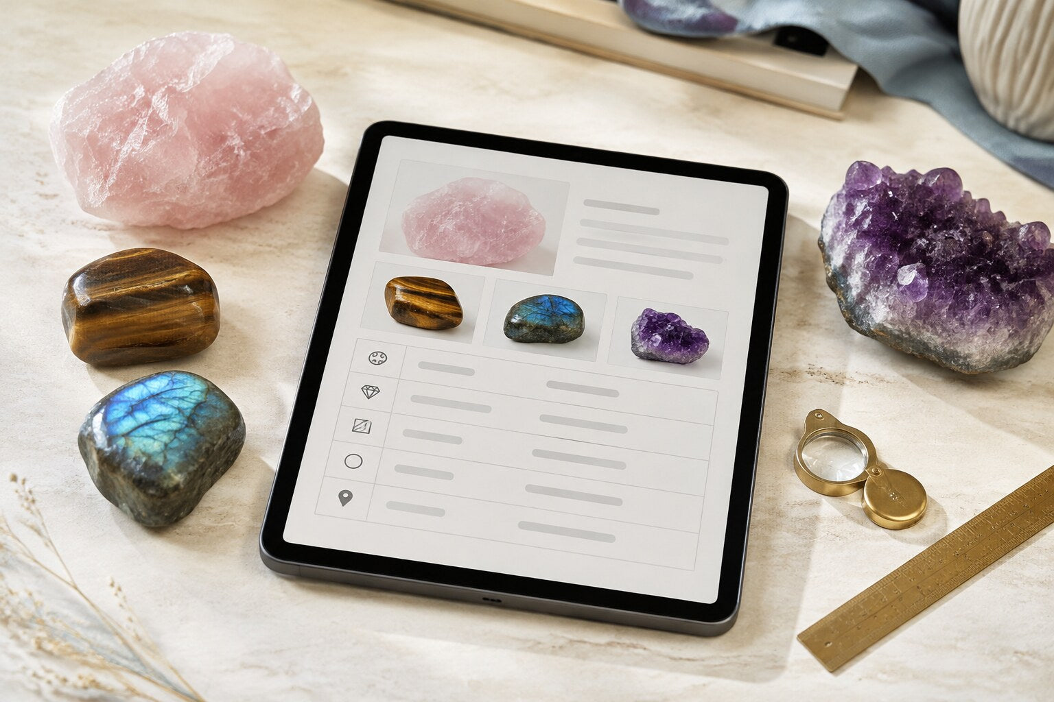 Pierres naturelles et fiche produit consultée sur une tablette avant achat