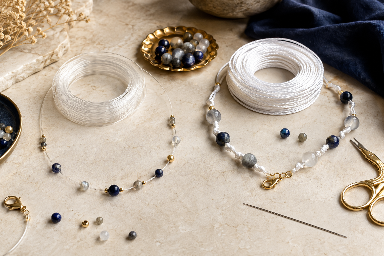 Comparaison entre fil nylon monobrin transparent et fil nylon multibrin tressé pour bijoux