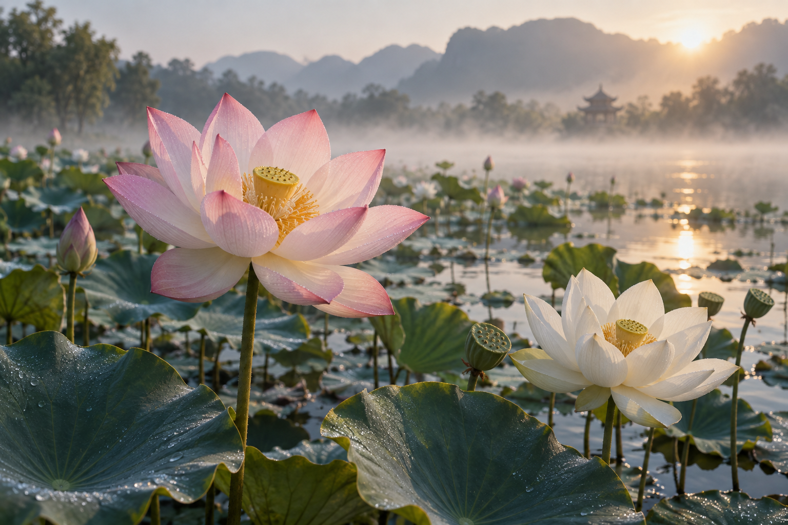 Fleurs de lotus sacré roses et blanches au lever du jour