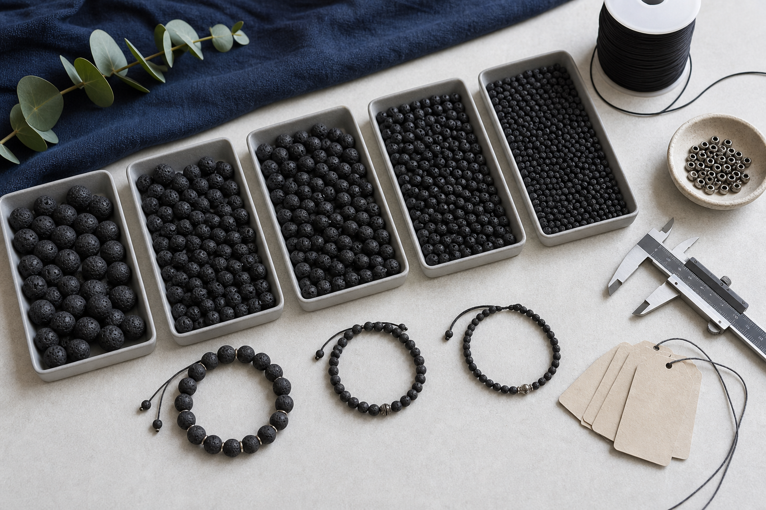 Assortiment professionnel de perles de lave classées par diamètre sur un établi
