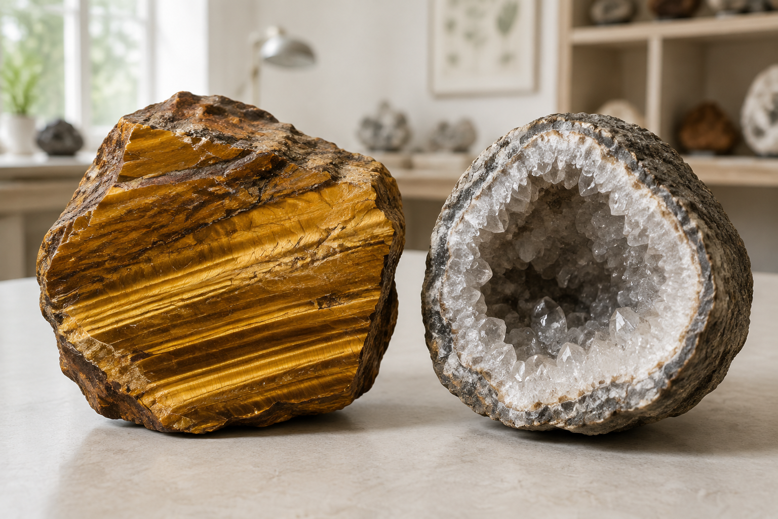 Bloc massif d’œil de tigre comparé à une véritable géode de quartz creuse